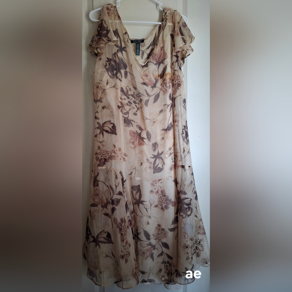 Ralph Lauren Brown Flower Dress Ruffle Sleeve Lightweight V Neck Boho Cocktail